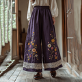 Vintage Bohemian Floral Embroidery Lace Art Cotton Linen Wide Leg Pants elevenforest