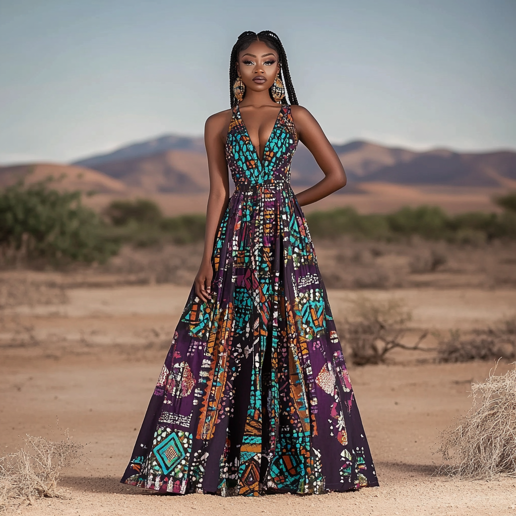 Vintage African Tribal Floral Deep V Women's Dress elevenforest