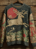 Men's Japanese Art Retro Style Christmas Fun Reindeer Design Round Neck Knit Sweater elevenforest