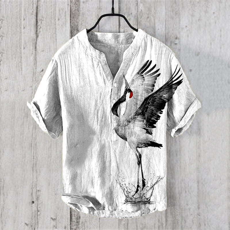 Men's Vintage Cranes Lino Art Linen Blend Shirt elevenforest