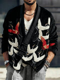 Men's Japanese Cranes Embroidered Cozy Fleece Kimono Cardigan elevenforest