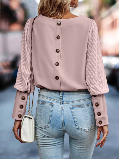 Fall Winter Color Round Neck Button Long Sleeve Blouse Top