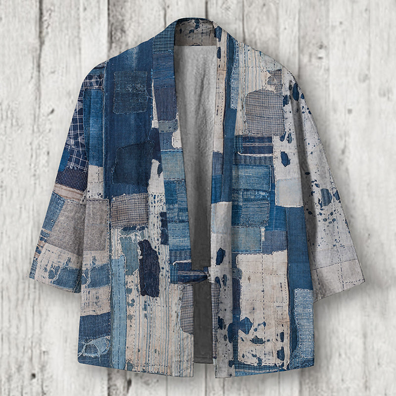 Retro Patchwork Japanese Art Linen Blend Kimono Cardigan elevenforest