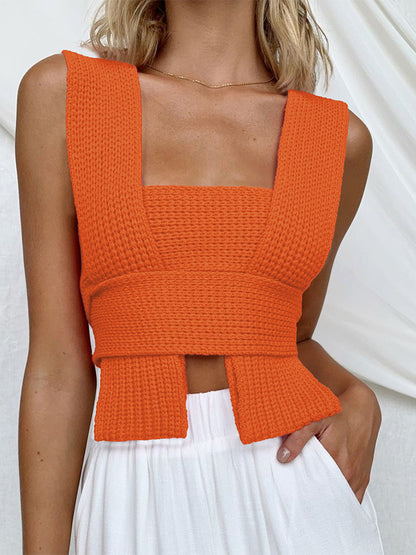 Sleeveless Knitted Crop Sweater Autumn Summer Vest Black White Jumper Top Female Pullover
