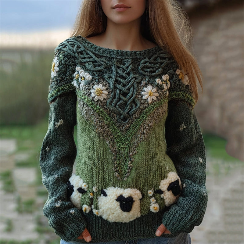 Fuzzy Sheep Floral Vintage Celtic Crochet Cozy Knit Sweater elevenforest