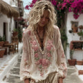 Women's Vintage Pink Floral Art Pattern V-neck Long Sleeve Blouse elevenforest