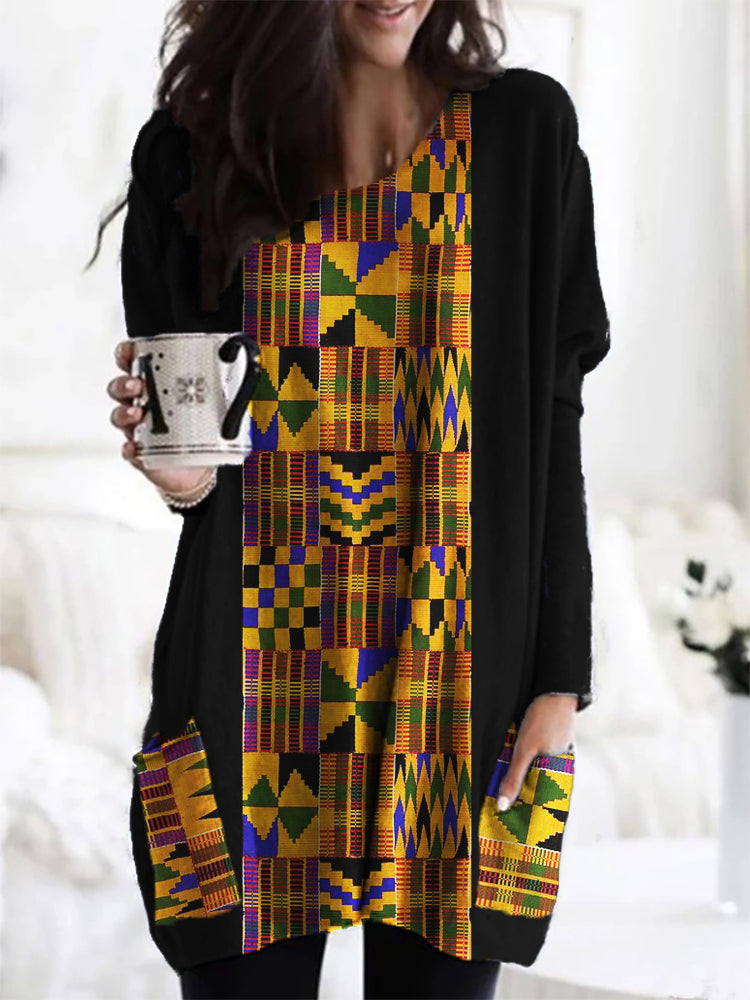 Comstylish Black Pride African Kente Contrast Patch Pocket Cozy Tunic