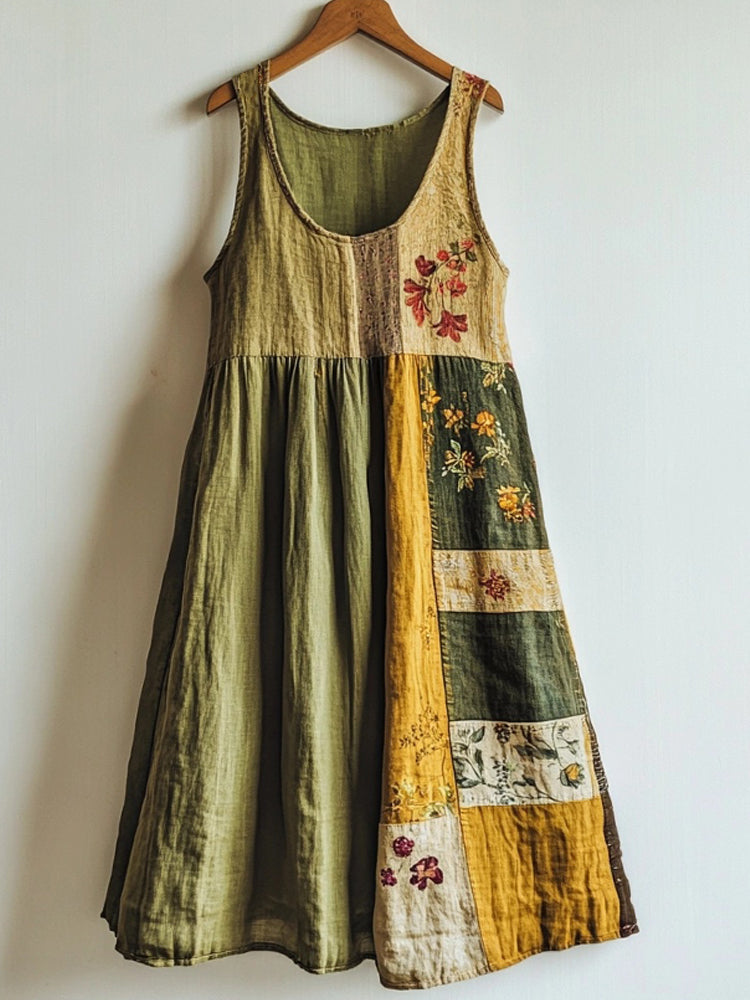 Vintage Floral Pattern Linen Blend Patchwork Dress elevenforest