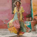 Women's Flower Embroidery Macaron Patchwork Art V-neck Linen Blend Maxi Dress elevenforest