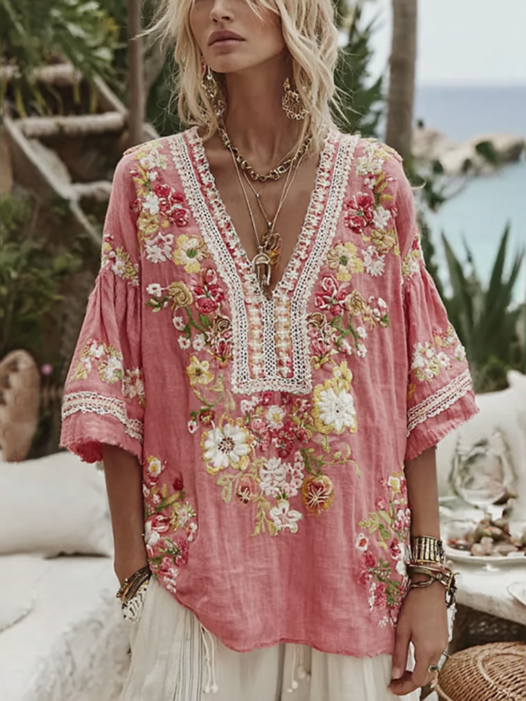 Vintage Pink Floral Art V Neck Linen Tunic elevenforest