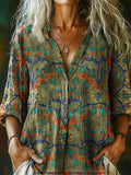 Women's Ethnic Totem Art Pattern Print Casual Cotton Linen Shirt