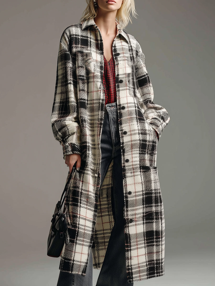 Retro Casual Button-down Black And White Plaid Shirt Maxi Dress