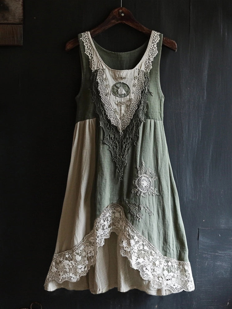 Vintage Lace Patchwork Cozy Linen Tank Dress elevenforest