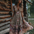 Women's Boho Embroidery Floral Art V Neck Comfy Maxi Dress elevenforest