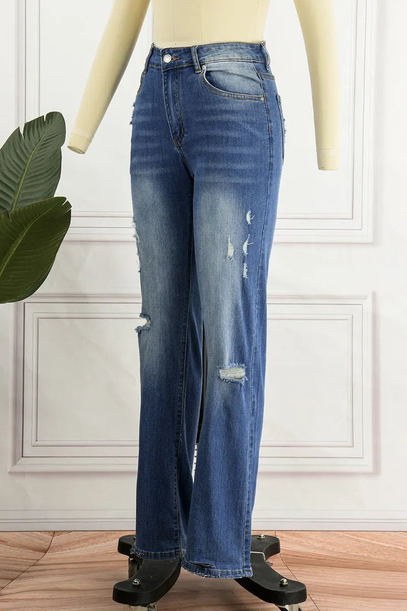 Street Patchwork Ripped Straight Denim Jeans(3 Colors)
