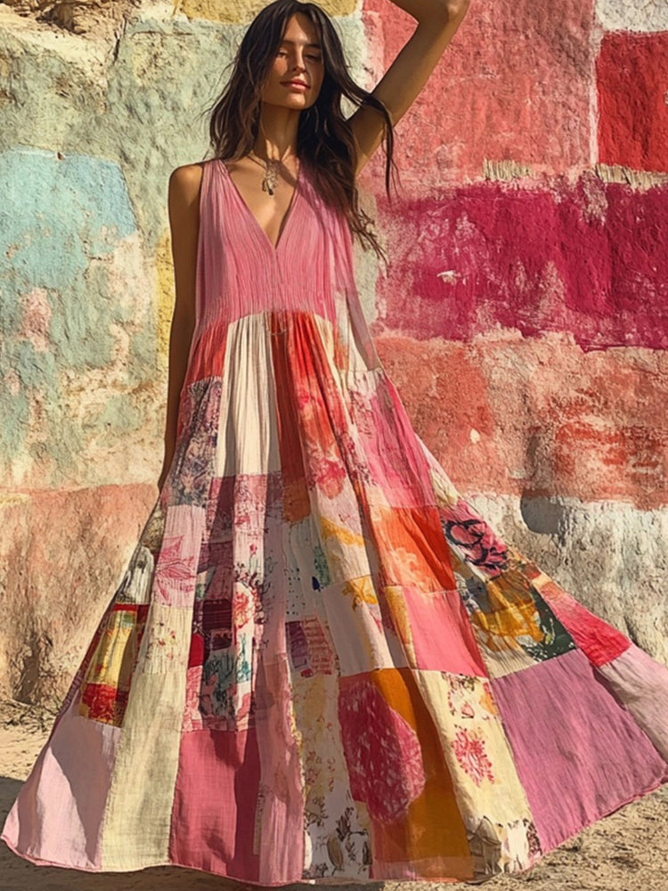 Vintage Boho Floral Patchwork V Neck Flowy Linen Dress elevenforest