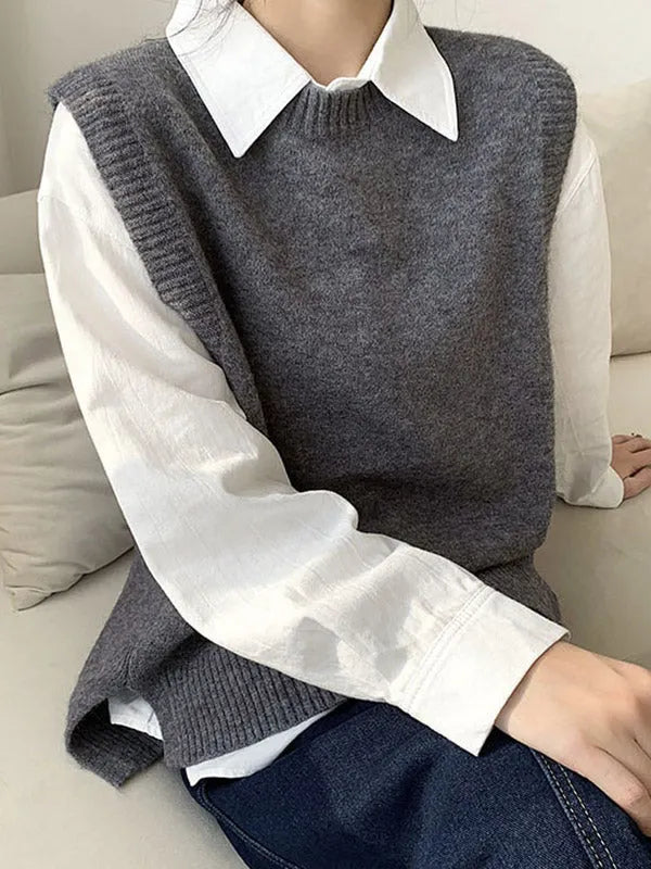 High-low Loose Color Split-joint Split-side Round-neck Knitwear Vest Top