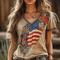 Western Vintage Sequin Floral Embroidered Women's V-neck T-shirt elevenforest