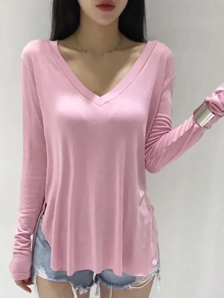 V Neck T Shirt for Spring Korean Style Woman Clothes Basic T Shirts Long Sleeve Tops Loose Tee Shirt Camisetas