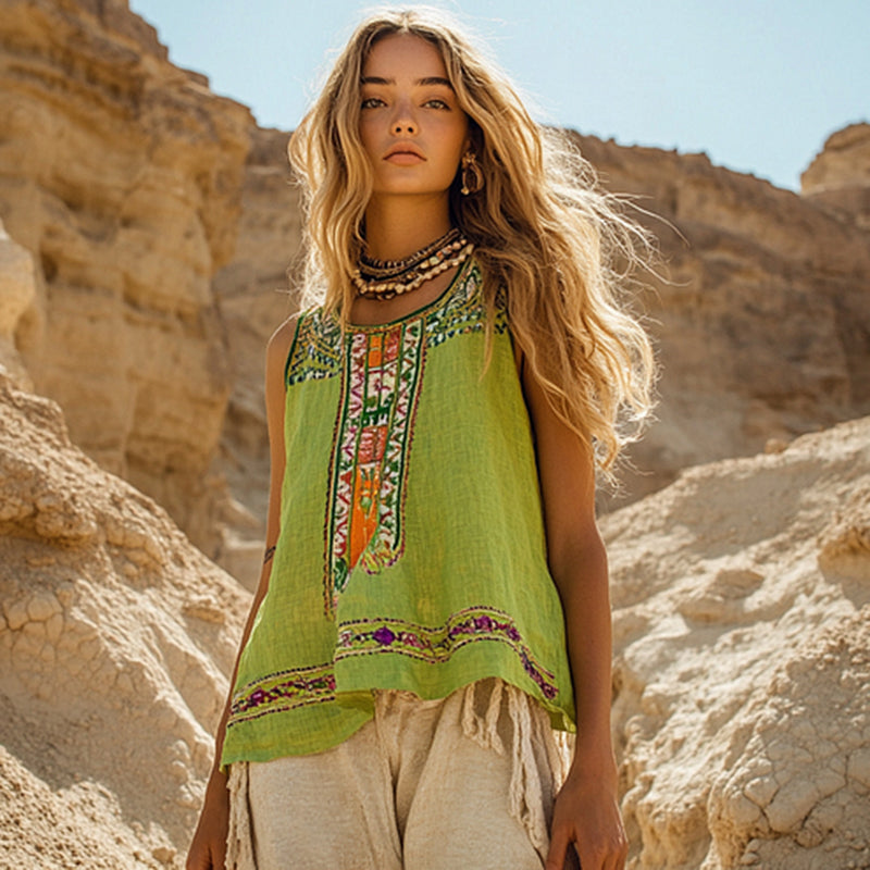 Women's Retro Loose Bohemia Ethnic Style Linen Sleeveless Top elevenforest