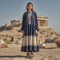Retro Classic Greek Ethnic Graphics Crew Neck Linen Dress elevenforest