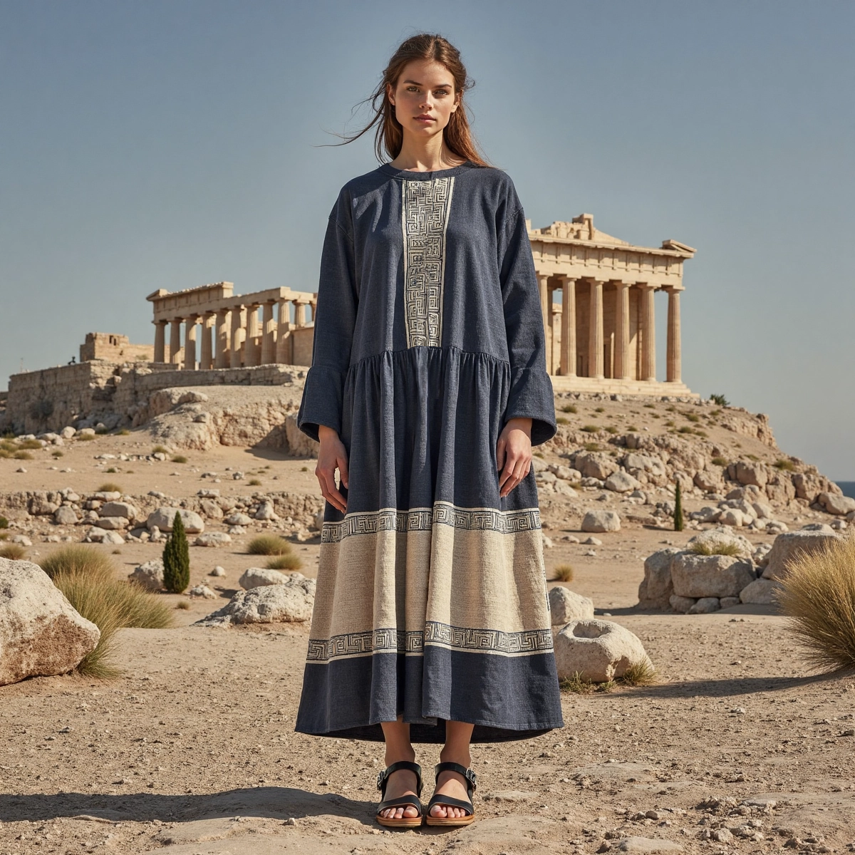 Retro Classic Greek Ethnic Graphics Crew Neck Linen Dress elevenforest