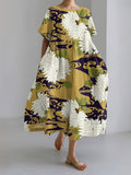 Japanese Art Flower Print Short Sleeve Casual Midi Dress
