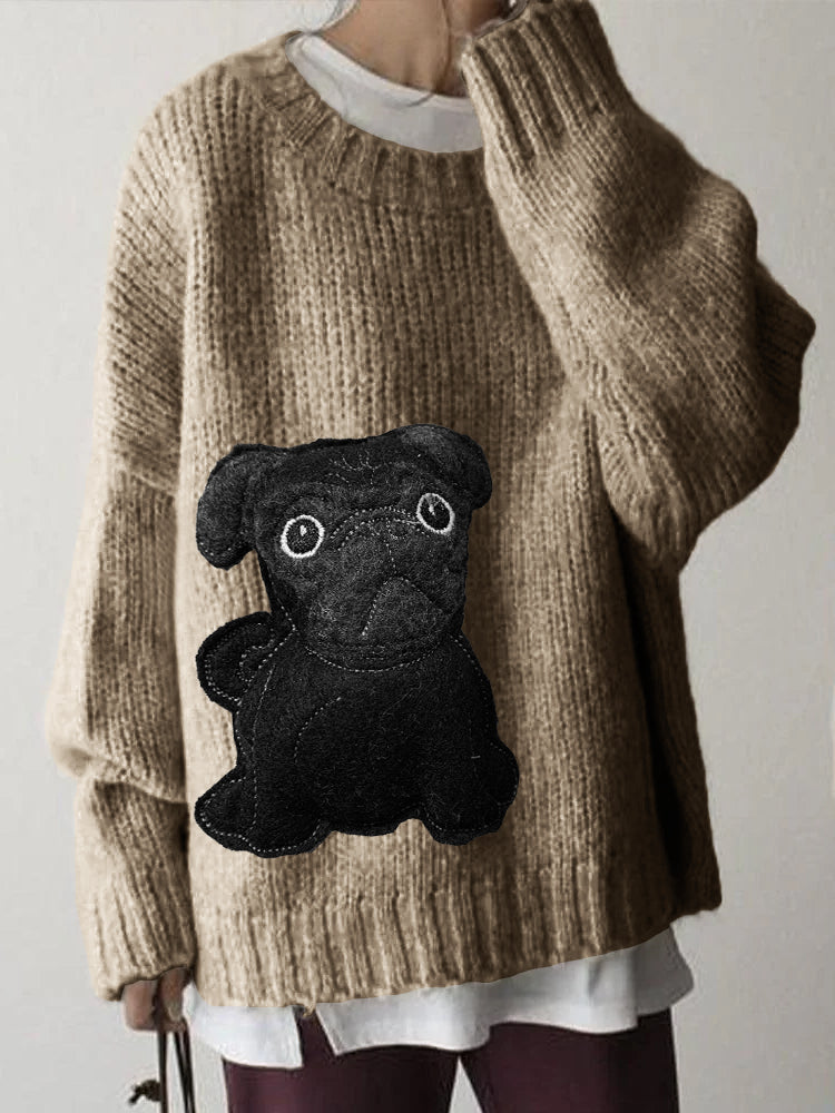 Comstylish Lovely Black Pug Dog Felt Cozy Knit Sweater