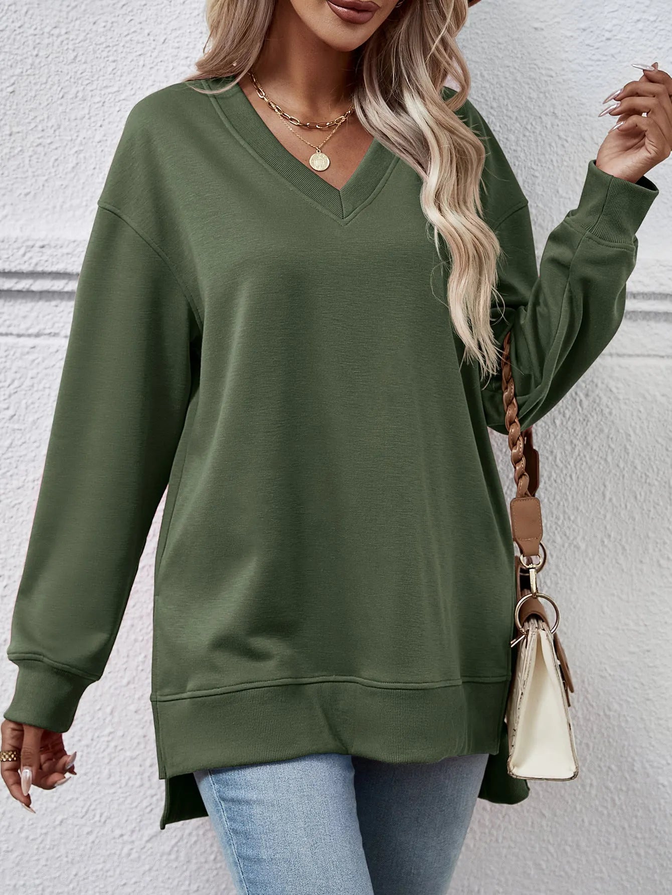 Autumn Winter Clothing Sweater Color V Neck Split Front Short Back Long Blouse