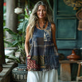 Women's Loose Japanese Traditional Sashiko Patchwork Linen Sleeveless Tank Top elevenforest