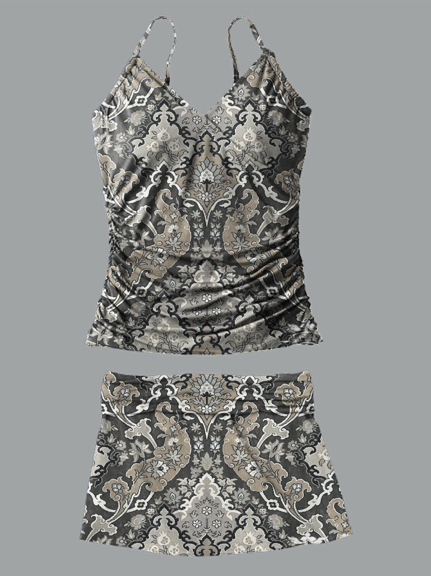 Retro Ethnic Pattern V-Neck Vintage Flowers Print Suspender Skirt Tankini Pantskirt Set Swimsuit