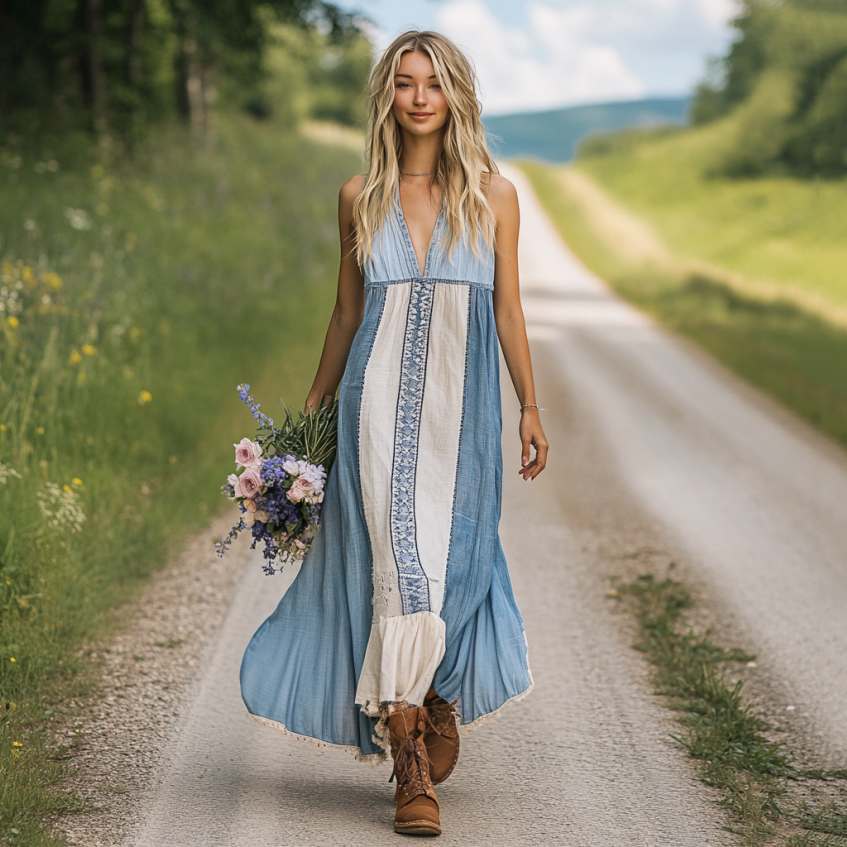 Spring Girl Green Pastoral Style Retro Bohemian Art Floral Embroidery Pattern Linen Tank Dress elevenforest