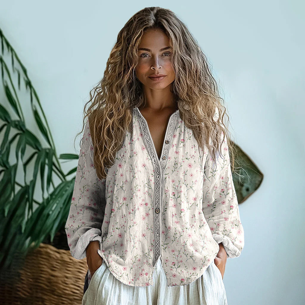 Vintage Wildflowers Floral Art  Linen Print  Long Sleeve Shirt elevenforest