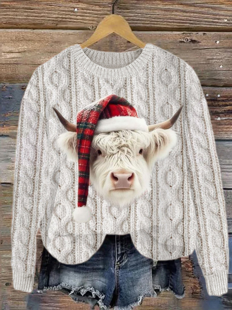 Highland Cow with Plaid Christmas Hat Cable Knit Sweater artswardrobe