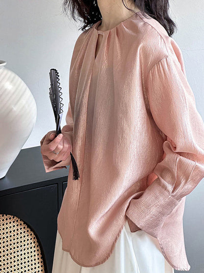 Long Sleeves Loose Hollow Shiny Color Round-neck Blouses&shirts Tops