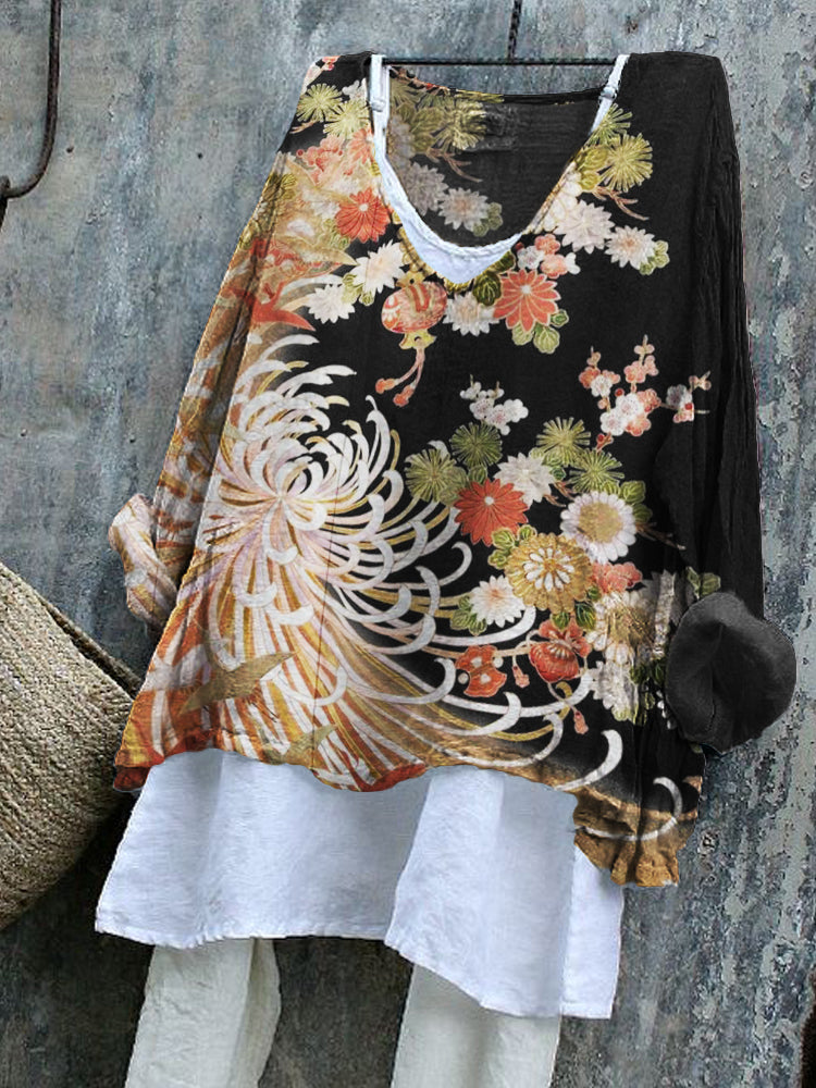 Chrysanthemum Japanese Floral Contrast Linen Blend Tunic elevenforest