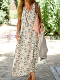 Women's Elegant Floral Pattern Cotton and Linen Loose Vest Cotton and Linen Dress