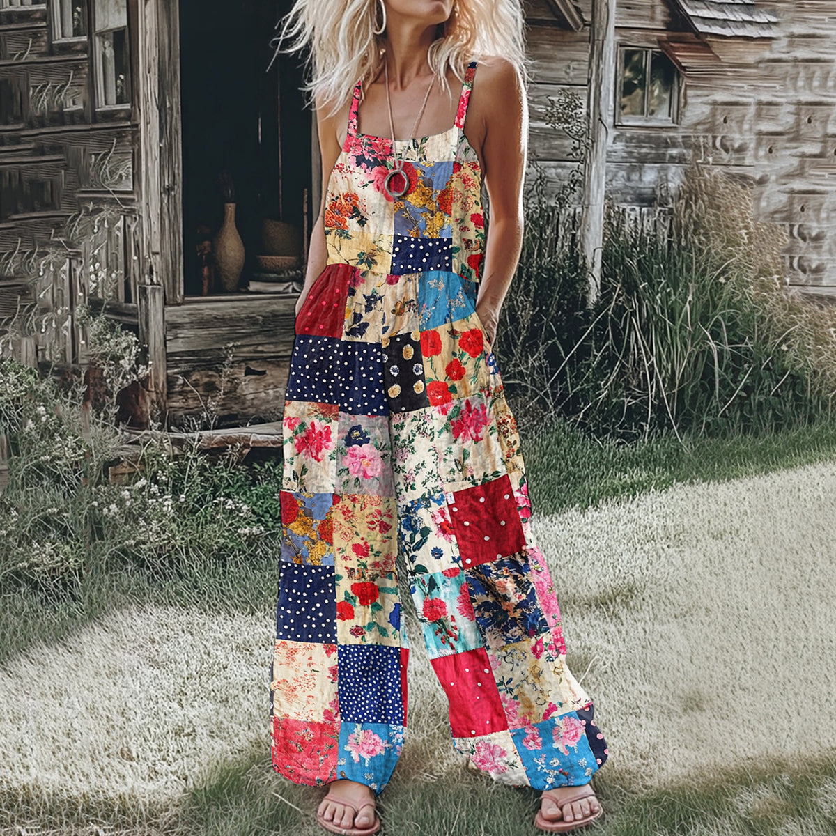Women's Bohemian Floral Patchwork Linen Print Linen Jumpsuit elevenforest