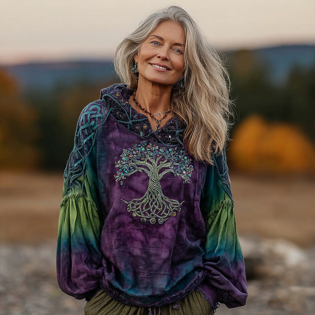 Women's Classic Viking Tree Of Life With Floral Art Gradient Comfort Hoodie elevenforest