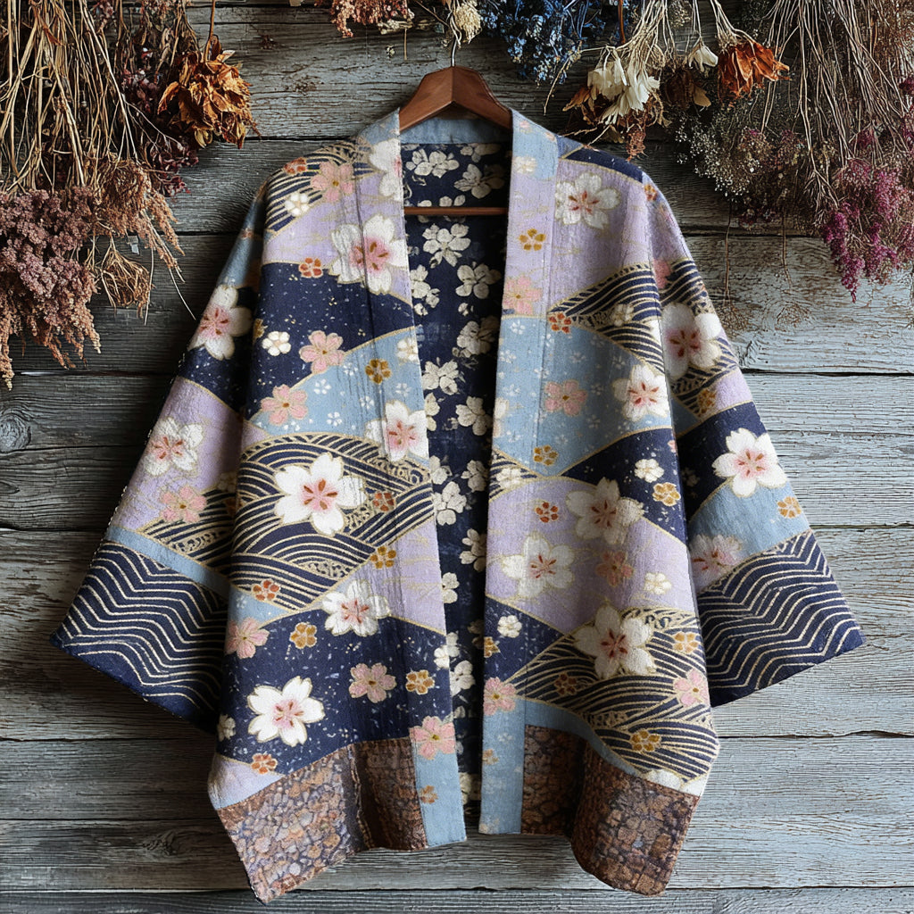 Retro Japanese Floral Traditional Sashiko Art Print Cotton And Linen Blend Kimono Cardigan elevenforest