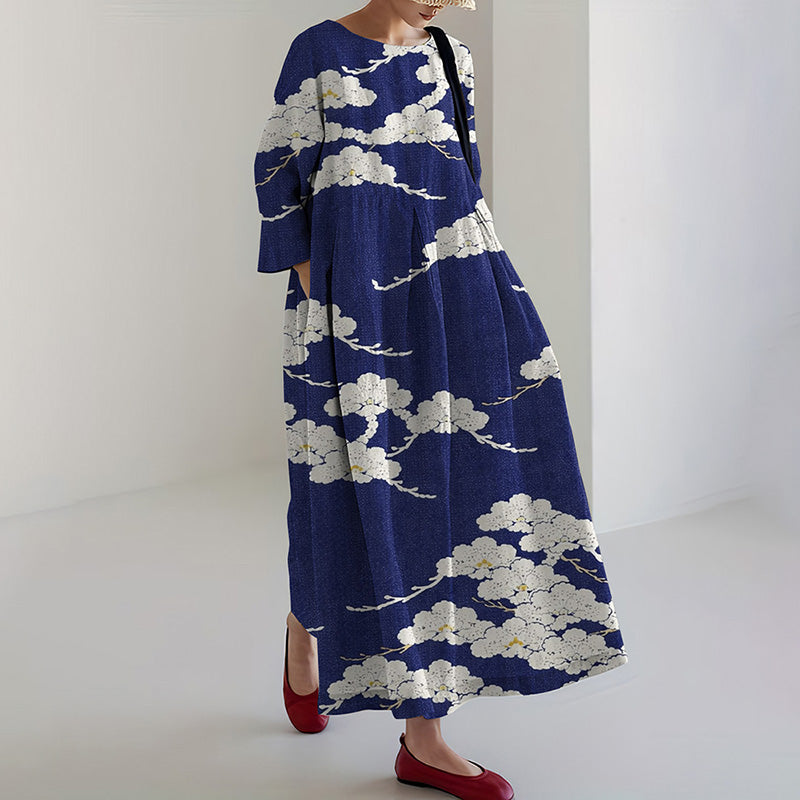 Comstylish Women's Vintage Japanese Floral Art Print Midi Dress