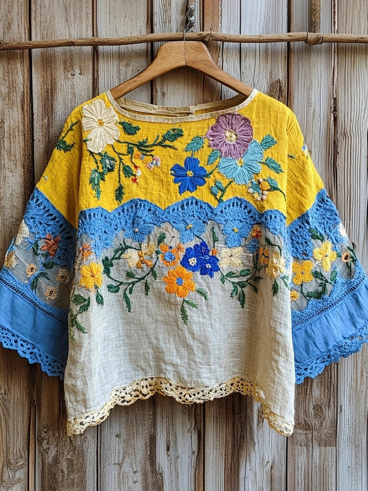 Ukrainian Oil Painting Style Floral Embroidery Lace Patchwork Women's Linen T-shirt elevenforest