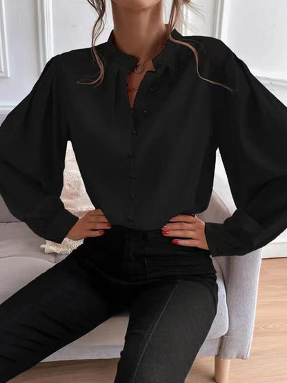 Loose Puff Sleeves Pleated Color Split-joint Stand Collar Blouses