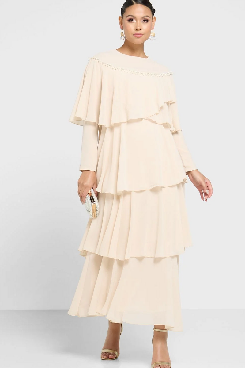 Long Sleeve Crew Collar Layered Maxi Dress White