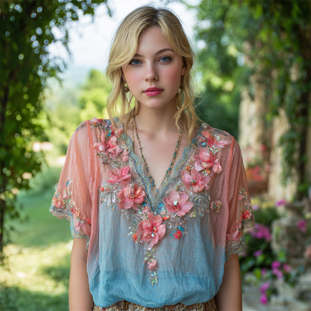 Boho Floral Embroidery Gradient Women's Linen V-neck Short Sleeve Shirt elevenforest