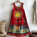 Women's Vintage Sun And Bird Embroidered Cotton And Linen Dress elevenforest
