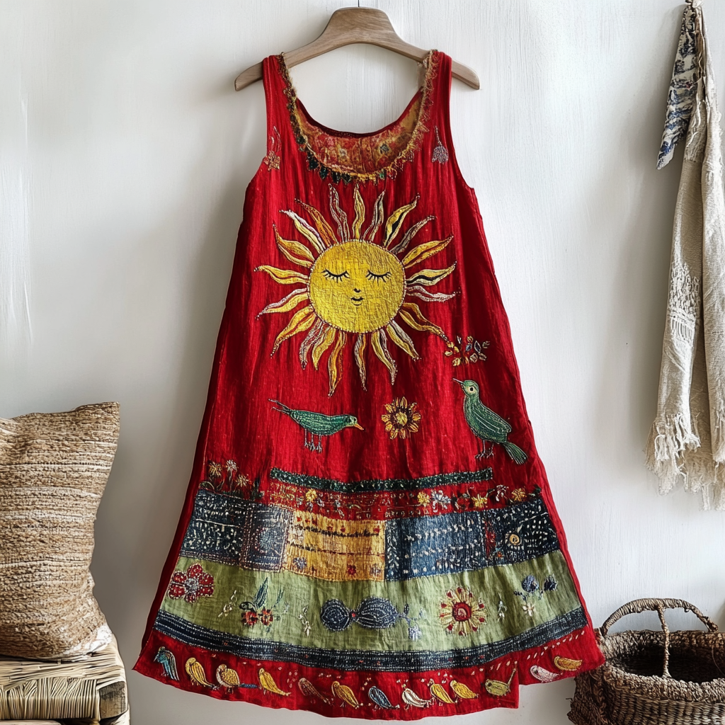 Women's Vintage Sun And Bird Embroidered Cotton And Linen Dress elevenforest