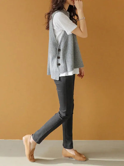 Simple Sleeveless Loose Buttoned Color Round-neck Sweater Vest Outerwear