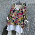 Comstylish Women‘s Floral Art V Neck Linen Blend Shirt