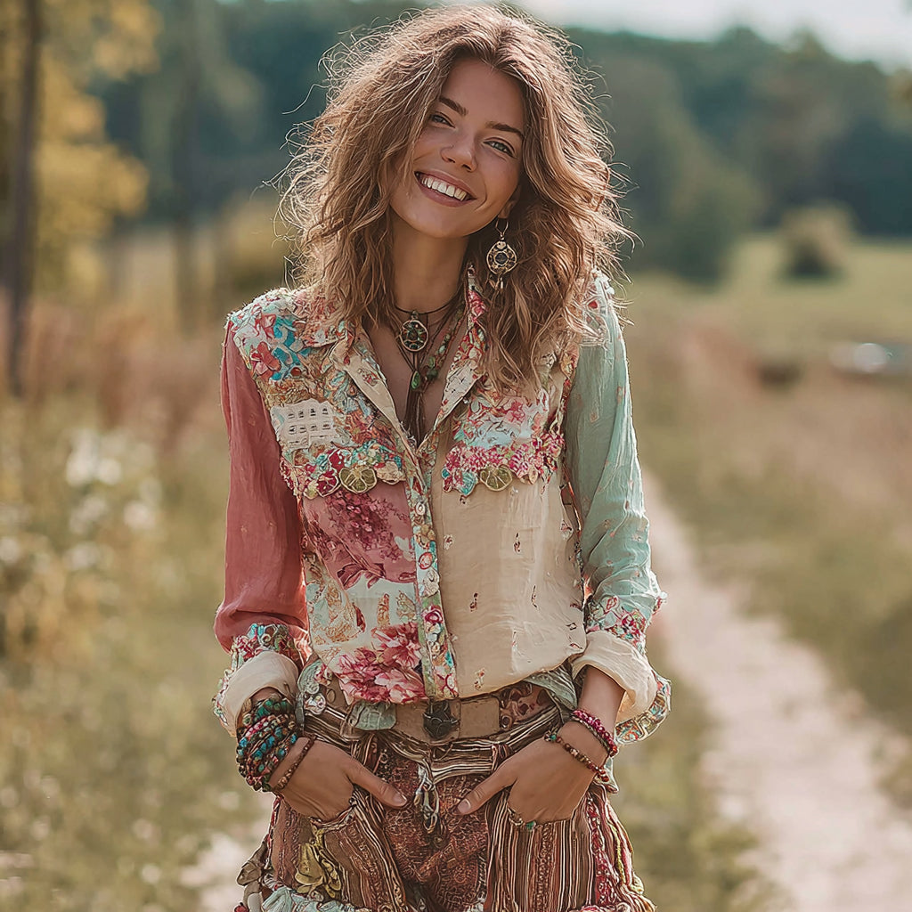 Women's Vintage Bohemian Floral Art Patchwork Long Sleeve Shirt elevenforest